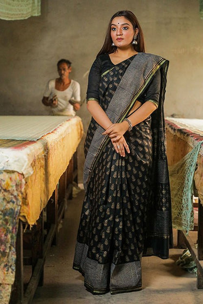 HANDBLOCK PRINTED COTTON SILK SAREE