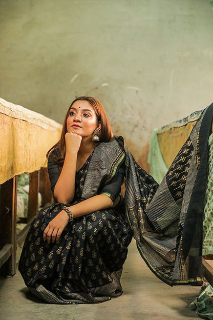 HANDBLOCK PRINTED COTTON SILK SAREE
