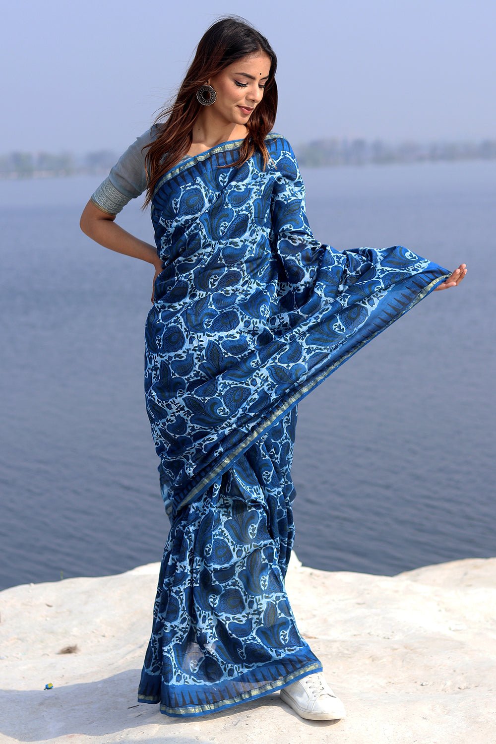 INKWELL INDIGO PRINTED COTTON SILK SAREE