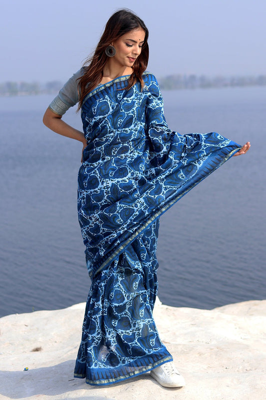 INKWELL INDIGO PRINTED COTTON SILK SAREE