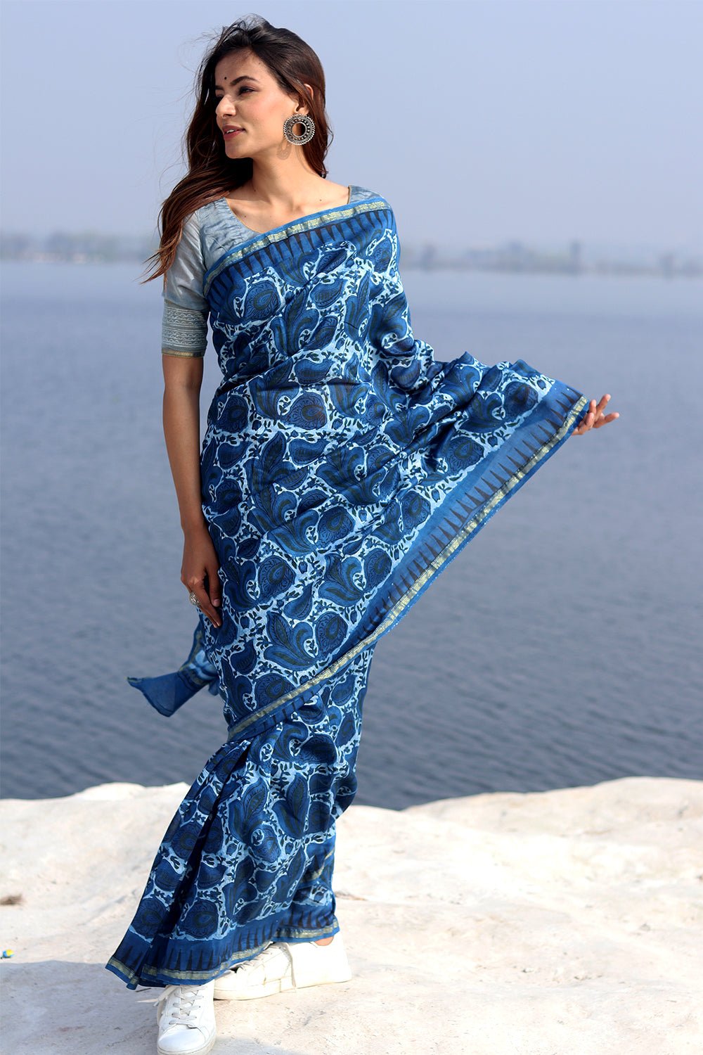 INKWELL INDIGO PRINTED COTTON SILK SAREE