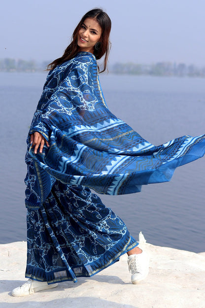 INKWELL INDIGO PRINTED COTTON SILK SAREE