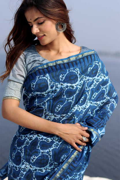 INKWELL INDIGO PRINTED COTTON SILK SAREE