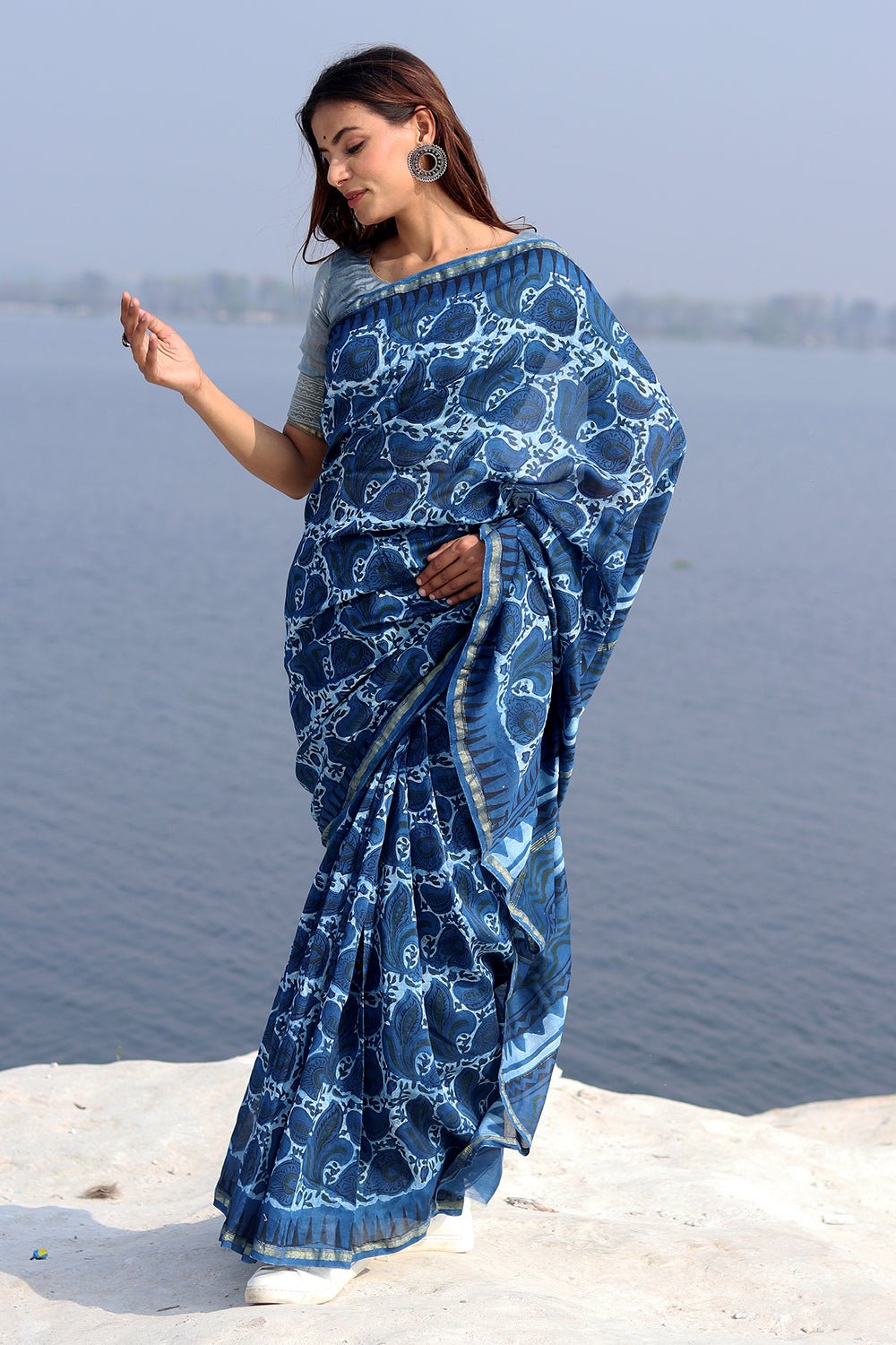 INKWELL INDIGO PRINTED COTTON SILK SAREE