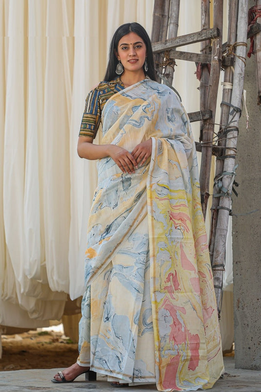 "RAINBOW" MARBLE PRINT COTTON SILK SAREE