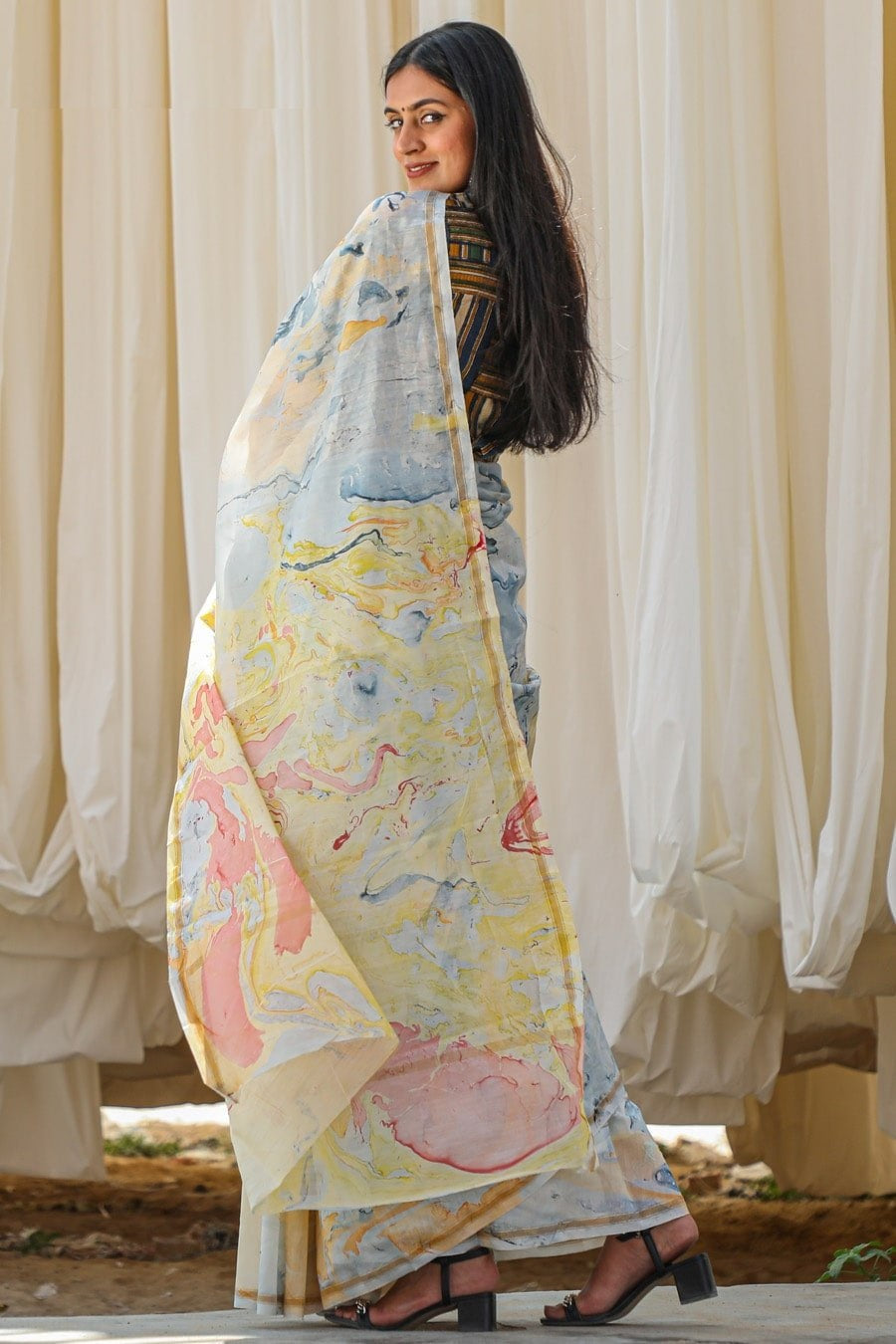 "RAINBOW" MARBLE PRINT COTTON SILK SAREE