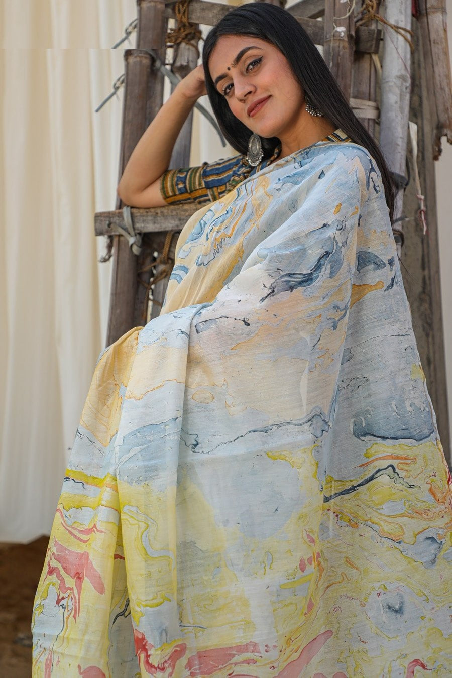 "RAINBOW" MARBLE PRINT COTTON SILK SAREE