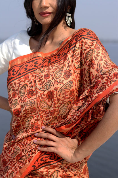 SAFFRON FLINT PRINTED COTTON SILK SAREE