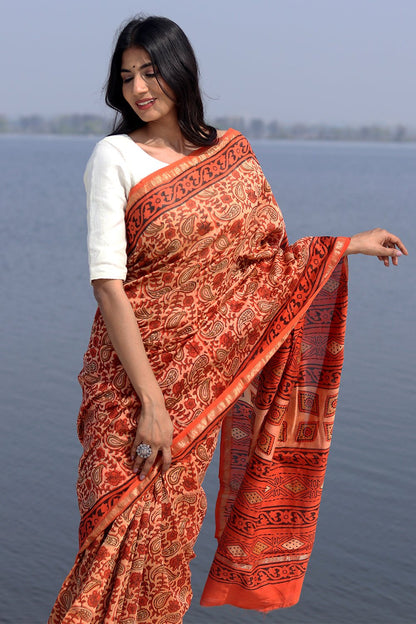 SAFFRON FLINT PRINTED COTTON SILK SAREE