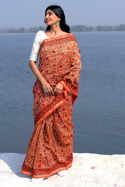 SAFFRON FLINT PRINTED COTTON SILK SAREE