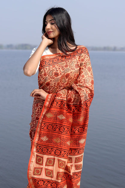 SAFFRON FLINT PRINTED COTTON SILK SAREE