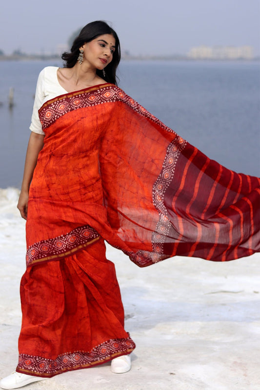 "SAFFRON SERENE" BATIK COTTON SILK SAREE