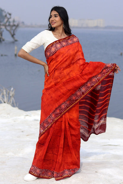 "SAFFRON SERENE" BATIK COTTON SILK SAREE