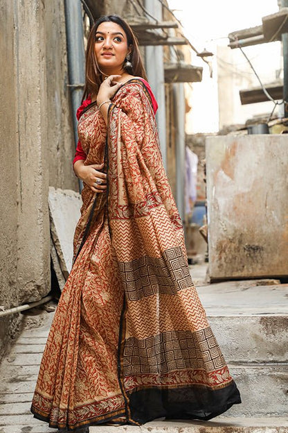 "SEPIA" BAGRU PRINT COTTON SILK SAREE