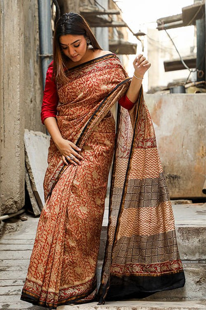 "SEPIA" BAGRU PRINT COTTON SILK SAREE