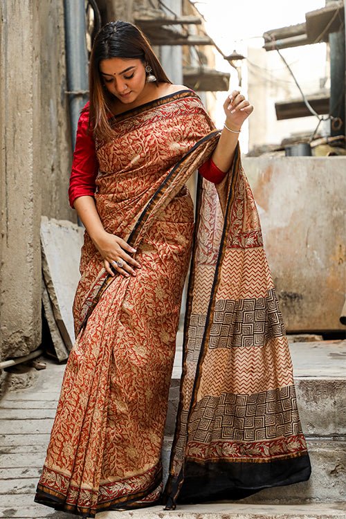 "SEPIA" BAGRU PRINT COTTON SILK SAREE