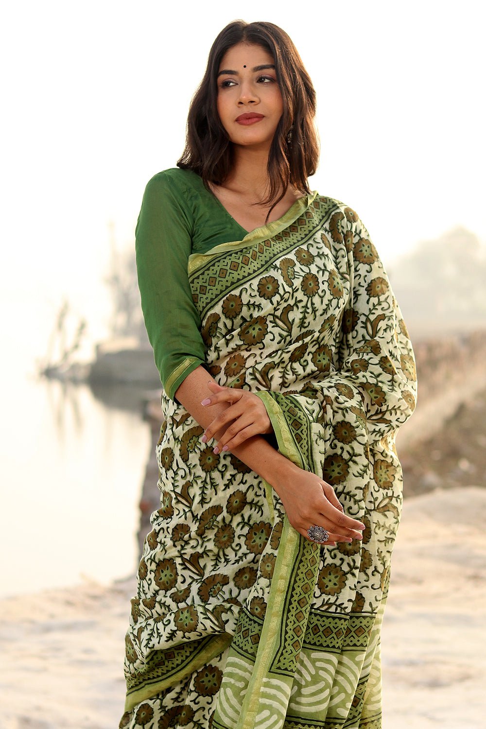 SHADES OF GREEN PRINTED COTTON SILK SAREE