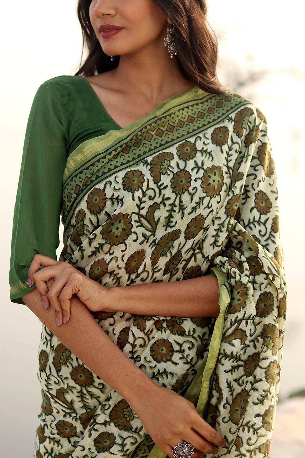 SHADES OF GREEN PRINTED COTTON SILK SAREE