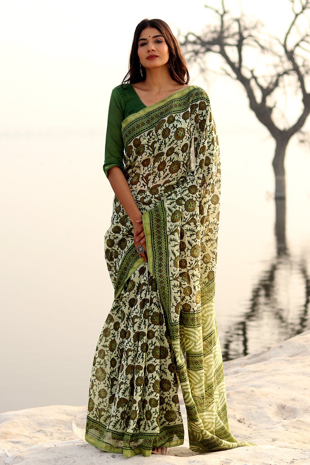 SHADES OF GREEN PRINTED COTTON SILK SAREE