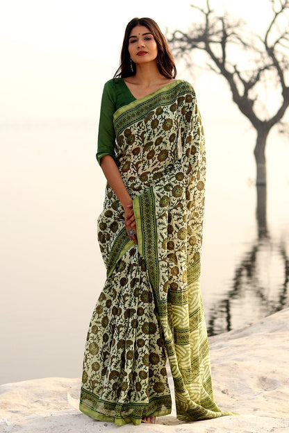 SHADES OF GREEN PRINTED COTTON SILK SAREE