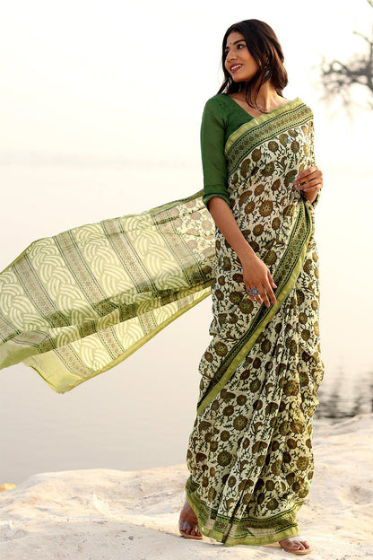 SHADES OF GREEN PRINTED COTTON SILK SAREE