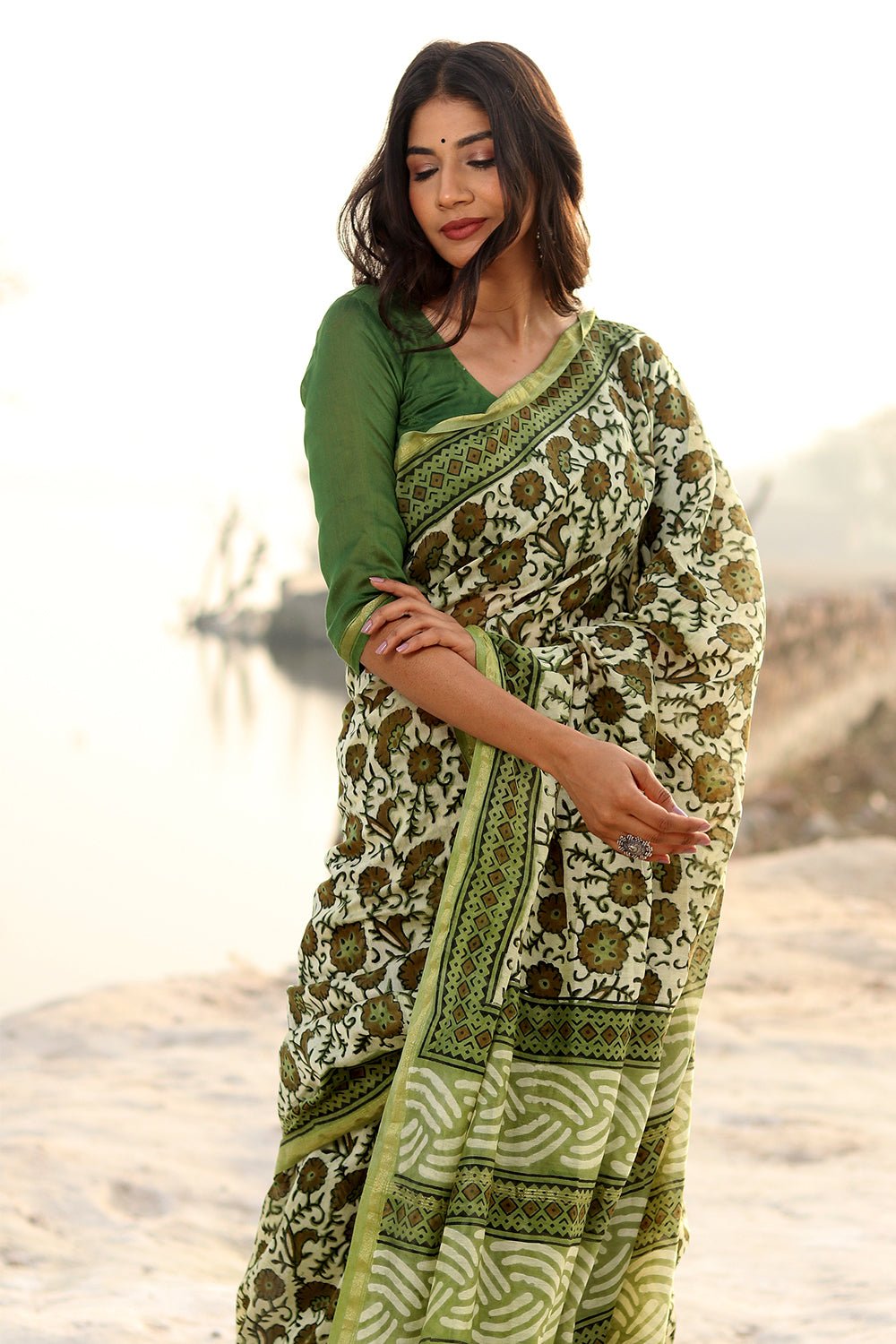 SHADES OF GREEN PRINTED COTTON SILK SAREE