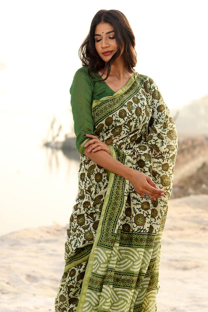 SHADES OF GREEN PRINTED COTTON SILK SAREE